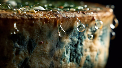 An extreme closeup of a moisture-laden cheese wedge drips water droplets over its green mold surface - Generative AI 