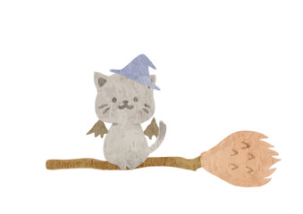 かわいい箒に乗った黒猫のイラスト