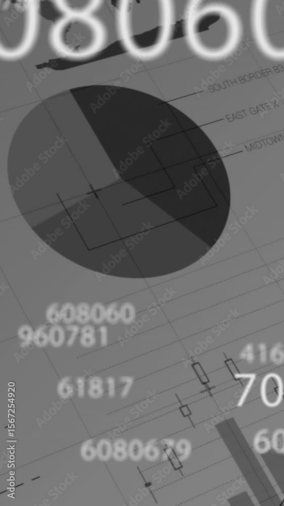 Poster animation of digital interface with numbers changing, financial data processing and statistics