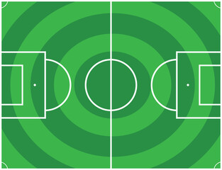 Vector illustration of a soccer field top view with distinctive concentric circular mowing stripes. Includes goal areas, penalty spots, and center circle in a clean white line design on green grass 