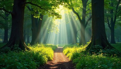 Obraz premium Sunlight dapples through the canopy of a lush forest park, illuminating a path winding through ancient trees and vibrant undergrowth Perfect for nature, travel, and environmental themes , fall, path