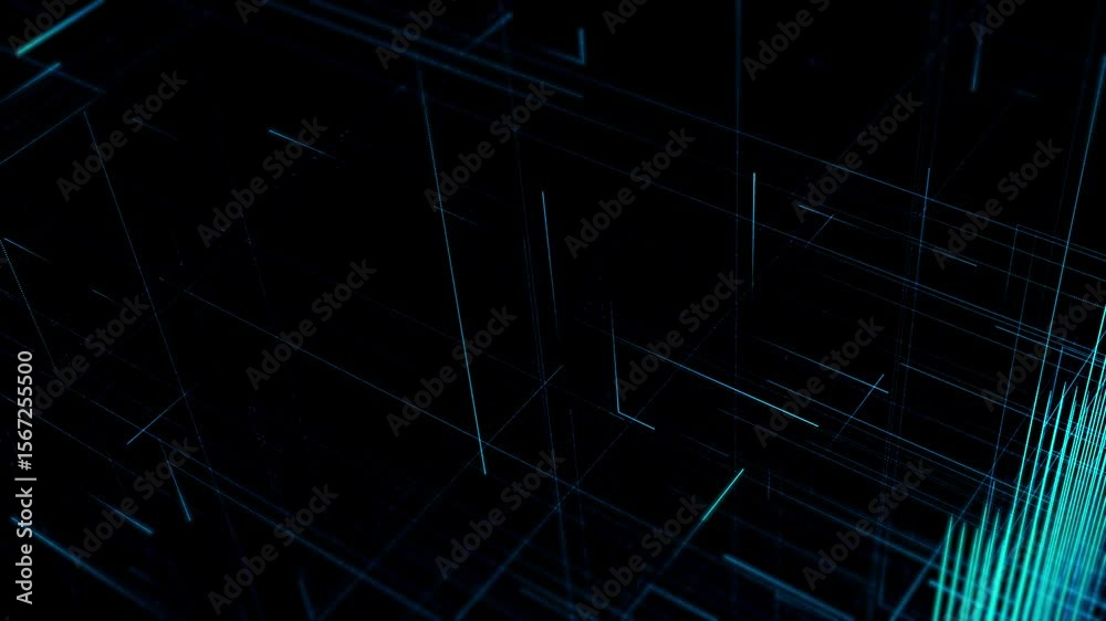 Wall mural abstract background with glowing particles and light lines. animation rotation of optical fiber wire