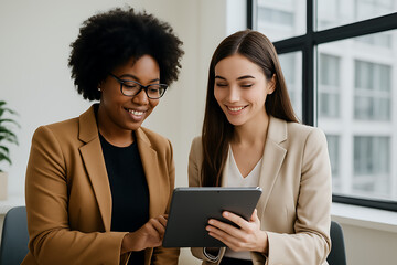 Diverse business team collaboration two women smiling and looking at tablet together discussing project ideas and strategy in modern office environment