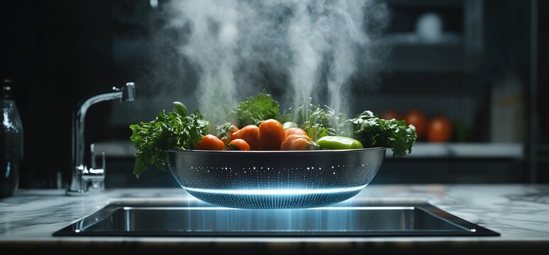 Steaming Vegetables in Modern Kitchen: Futuristic Induction Cooktop with Glowing Base - Powered by Adobe