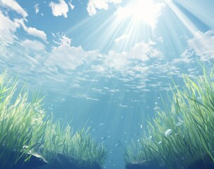 Underwater Scene with Sunlight Rays and Aquatic Plants