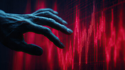 Investor behavior in stock market trust concept. A hand reaching out to a red digital waveform display.