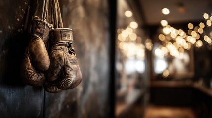 Vintage boxing gloves on textured wall, weathered leather details. Timeless strength and history in worn gear.
