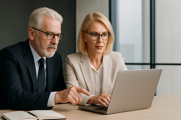 Diverse business collaboration two experienced professionals working on laptop sharing insights and discussing project strategy in a modern office meeting setting