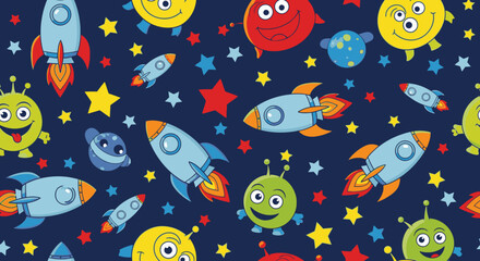 Naklejka premium A colorful, whimsical pattern featuring rockets, aliens, planets, and stars on a dark blue background, perfect for children's designs and space-themed projects.