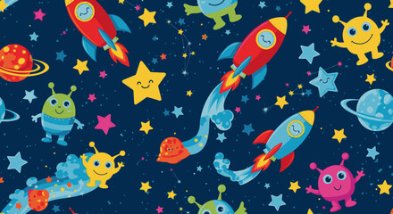 Whimsical cartoon aliens and rockets soar through a starry, colorful galaxy on a dark blue background.