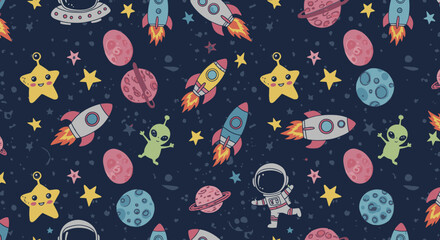 Whimsical space pattern featuring cute cartoon astronauts, aliens, rockets, stars, and planets against a dark starry night sky.