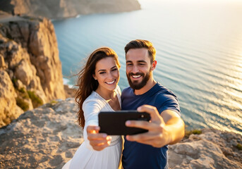 Couple Taking a Stunning Selfie at Sunset Overlooking the Ocean A Romantic Travel Moment