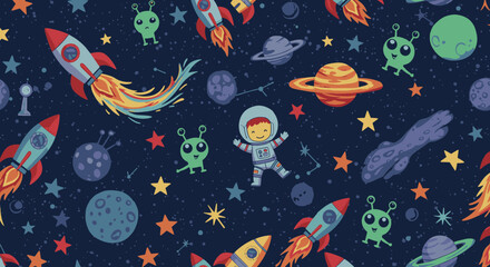 A playful, colorful, and whimsical seamless pattern features astronauts, rockets, planets, stars, and friendly aliens floating in a dark blue outer space backdrop.
