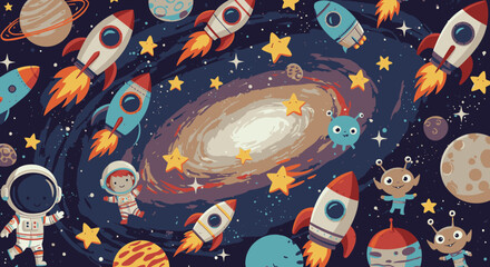 A whimsical illustration of astronauts, rockets, aliens, and planets soaring through a vibrant galaxy, perfect for children's books, textiles, or space-themed projects.