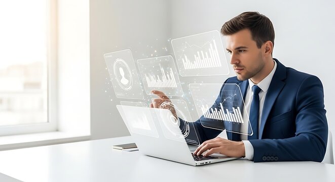 Businessman Analyzing Data on Holographic Laptop Screen