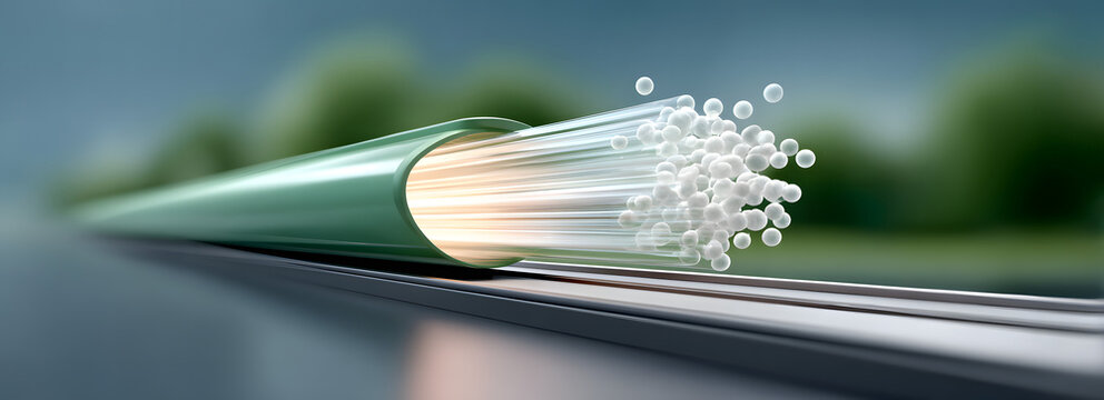 Technology of hyperloop with sustainability. Fiber optic cable transmitting light signals in a modern setting.