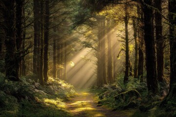 Obraz premium Sunlight filtering through trees in a lush forest path nature photography tranquil environment serene viewpoint