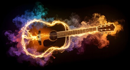 Fiery Acoustic Guitar in Vibrant Smoke: A Musical Blaze