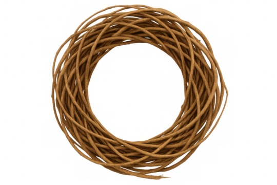 Circular brown twine coiled into neat bundle, resting on clear surface, perfect for rustic crafting and design projects