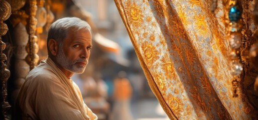 Thoughtful Elderly Man in a Market Setting, Golden Light