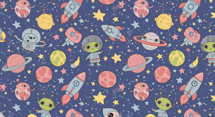 Naklejka premium A whimsical seamless pattern featuring adorable cartoon aliens, colorful planets, and rockets floating among twinkling stars in the vast blue cosmos.