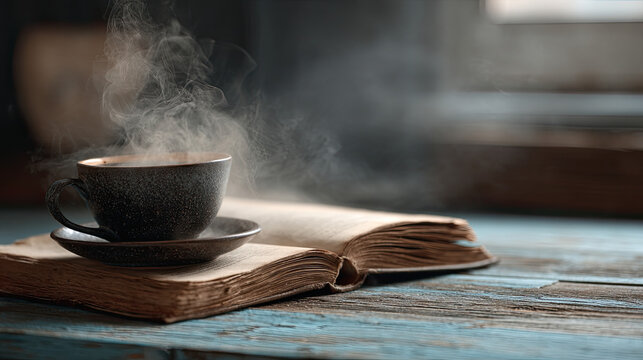 Cozy coffee corner for quiet breakfast nook concept. A steaming cup of coffee on an open book with rustic background. - Powered by Adobe