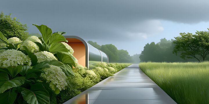 Technology of hyperloop with sustainability. Modern structure amid lush greenery under an overcast sky.