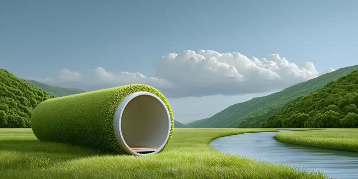 Technology of hyperloop with sustainability. A surreal landscape with a grassy cylinder by a river.