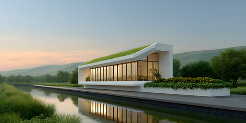 Fototapeta premium Technology of hyperloop with sustainability. Modern eco-friendly building by a serene waterway with lush greenery.