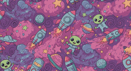 Naklejka premium A whimsical seamless pattern illustration features cute green aliens, rockets, planets, and stars floating in a colorful purple and pink galaxy.