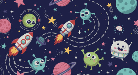 Naklejka premium A whimsical seamless pattern featuring cute cartoon rockets, colorful planets, twinkling stars, and friendly aliens exploring the vastness of outer space.