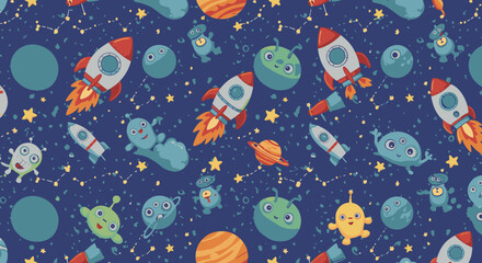 Naklejka premium A vibrant, cartoonish space-themed pattern featuring rockets, planets, stars, and friendly alien characters, perfect for children's designs and educational materials.
