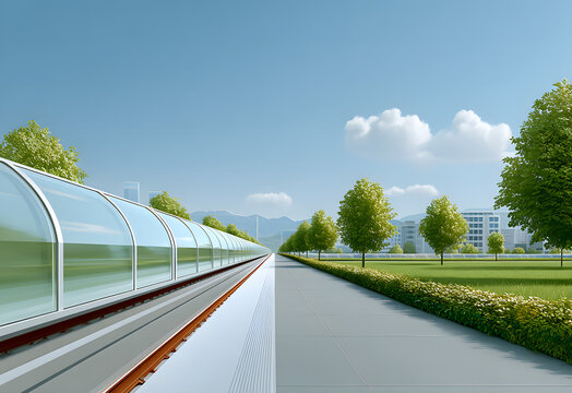 Technology of hyperloop with sustainability. Modern transit station with clear skies and green surroundings.