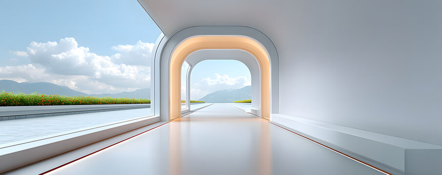 Technology of hyperloop with sustainability. Modern architectural design with arches and scenic view.