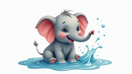 Cute Baby Elephant Playing in Water Splash - Adorable Cartoon Animal Illustration