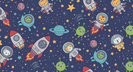 Naklejka premium A whimsical seamless pattern featuring cute cartoon cats in astronaut suits, friendly green aliens, and colorful rockets flying through a starry outer space.