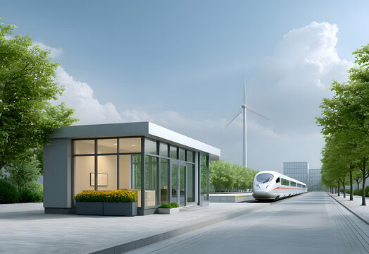 Technology of hyperloop with sustainability. Modern train station with wind turbine and green surroundings.