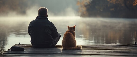 Tranquil Moment by the Misty Lake: Man and Cat on a Wooden Dock