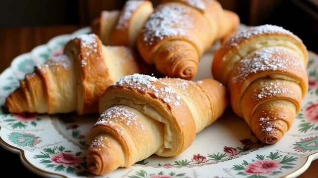 Freshly baked croissants with powdered sugar, golden brown buttery pastry on floral ceramic plate, delicious homemade breakfast rolls for bakery menu