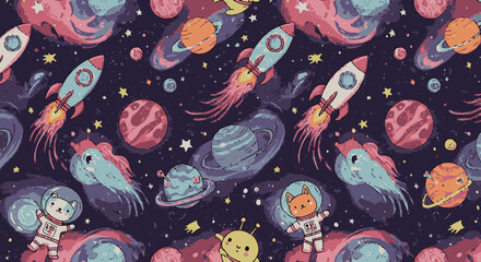 Adorable cartoon cats and dogs in astronaut suits explore a vibrant, colorful outer space filled with planets, rockets, and stars, creating a whimsical and fun seamless pattern.