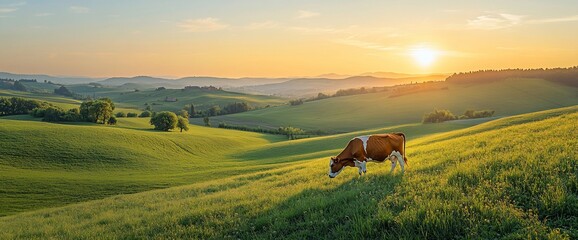 Tranquil Tuscan Sunset: Cow Grazing in Rolling Green Hills, Golden Light.
