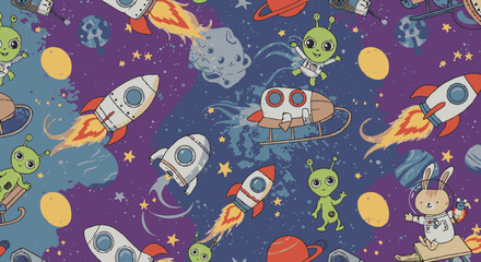 Naklejka premium A vibrant, whimsical seamless pattern featuring cartoon rockets, friendly green aliens, and celestial bodies floating in a starry purple galaxy.