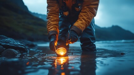 Twilight Coastal Exploration: A lone figure ignites a small fire in a compass, casting an ethereal glow on the dark, cold water.