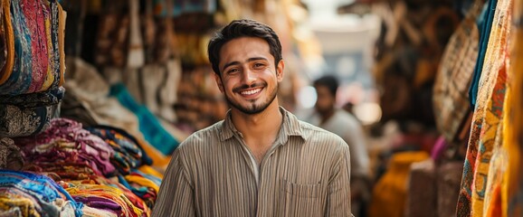 Vibrant Indian Market: Portrait of a Smiling Young Man Amidst Colorful Textiles