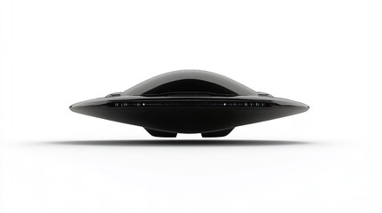 Black flying saucer hovering in mid-air above a plain background creating an intriguing visual