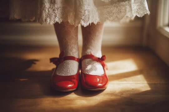 Little Girl&rsquo;s Red Mary Janes and white dress with lace in Sunlight &ndash; Vintage Innocence and Nostalgia