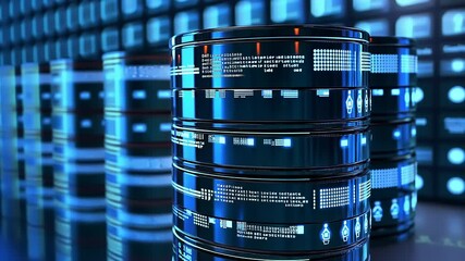 Digital data storage barrels in a futuristic environment with glowing screens in the background - Powered by Adobe