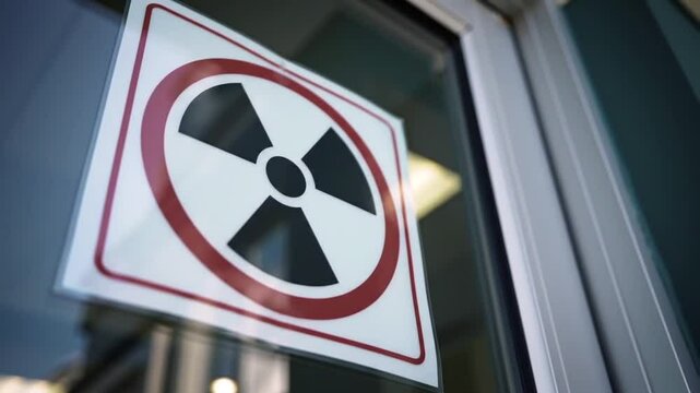 High-contrast close-up of a radiology hazard symbol posted on a glass door