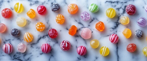Vibrant Swirl Hard Candies Scattered on Marble: A Delightful Top-Down View