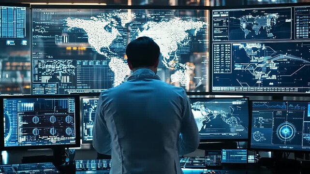 Scientist analyzing global data on multiple screens in a high-tech research facility, focused on trends - Powered by Adobe
